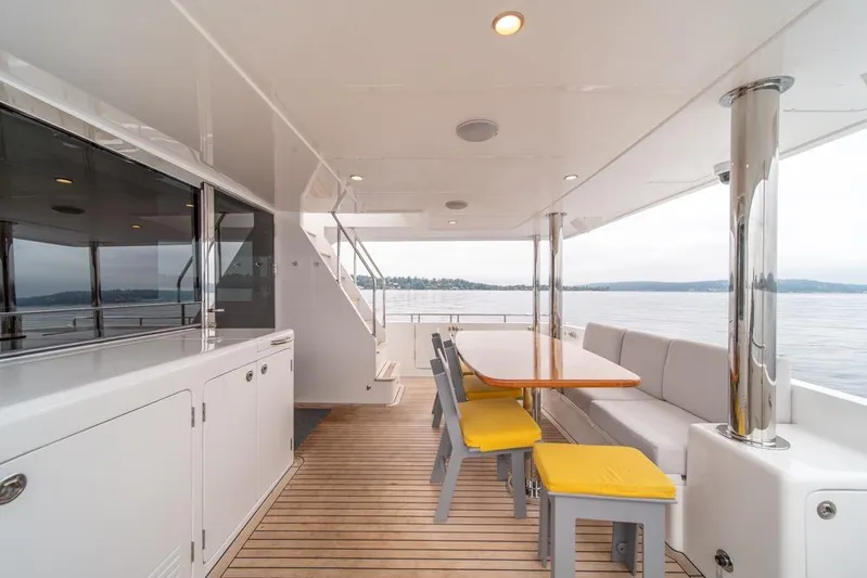 Smile Smile Smile Yacht Photos Pics Luxurious 2022 Outer Reef 720 Motor Yacht deck with seating and ocean view.