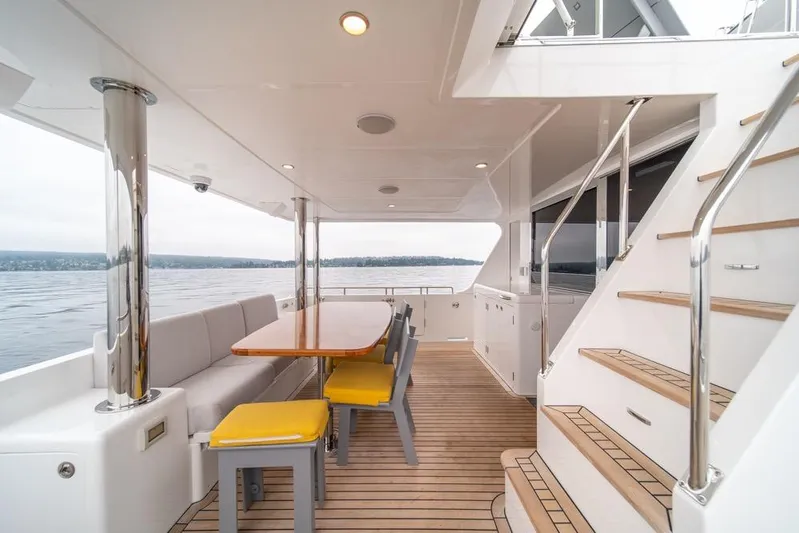 Smile Smile Smile Yacht Photos Pics Luxurious 2022 Outer Reef 720 Motor Yacht deck with seating and ocean view.