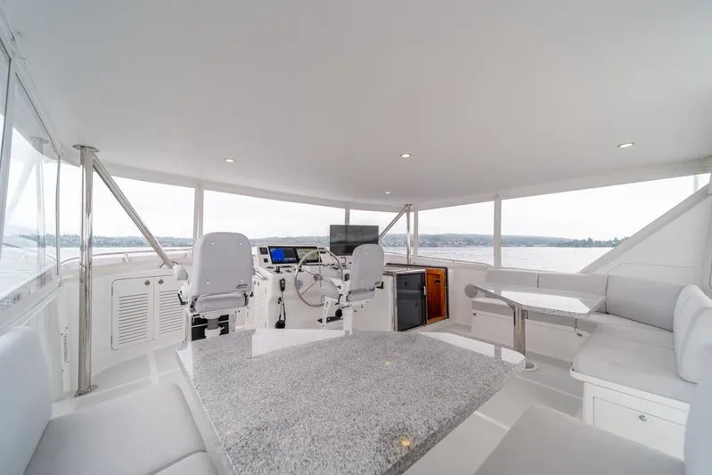 Smile Smile Smile Yacht Photos Pics Luxurious 2022 Outer Reef 720 Motor Yacht interior with modern seating and navigation area.