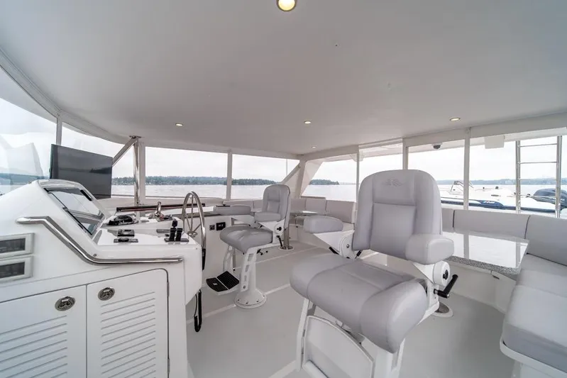 Smile Smile Smile Yacht Photos Pics Luxurious helm of 2022 Outer Reef 720 Motor Yacht with modern seating and controls.