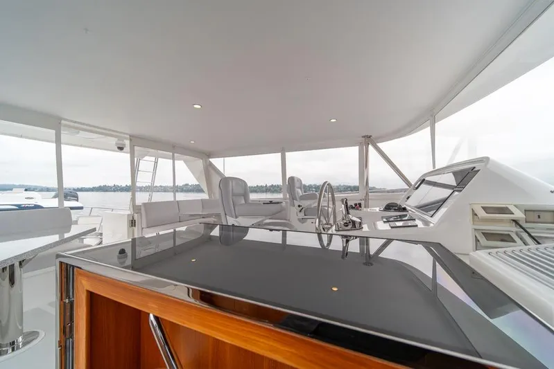 Smile Smile Smile Yacht Photos Pics Luxurious 2022 Outer Reef 720 Motor Yacht helm with modern controls and panoramic views.