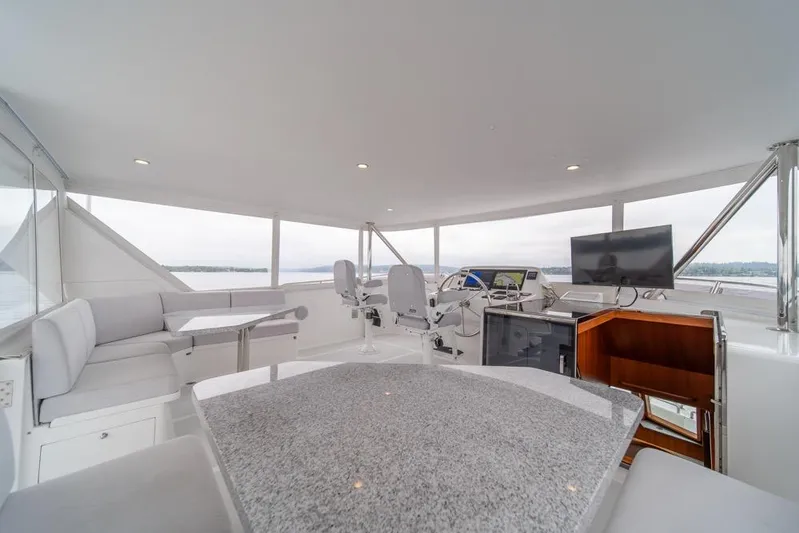 Smile Smile Smile Yacht Photos Pics Luxurious 2022 Outer Reef 720 Motor Yacht interior with modern helm and seating area.