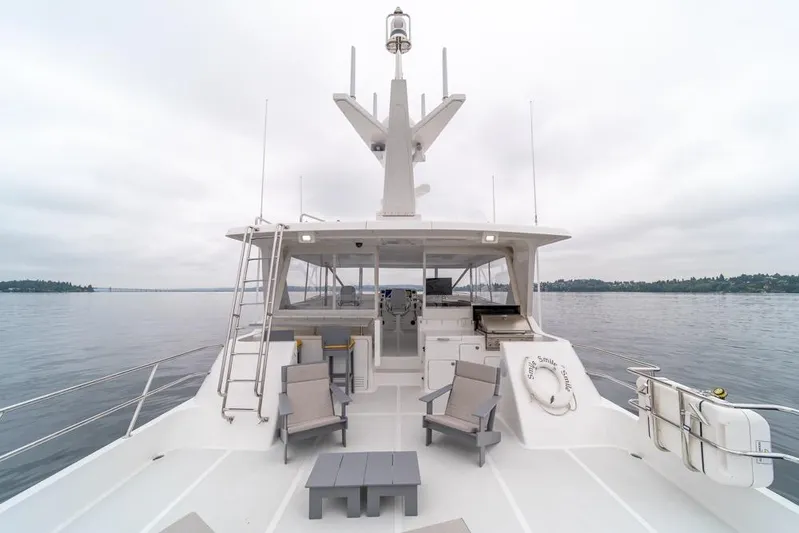 Smile Smile Smile Yacht Photos Pics 2022 Outer Reef 720 Motor Yacht on calm waters, featuring spacious deck seating.