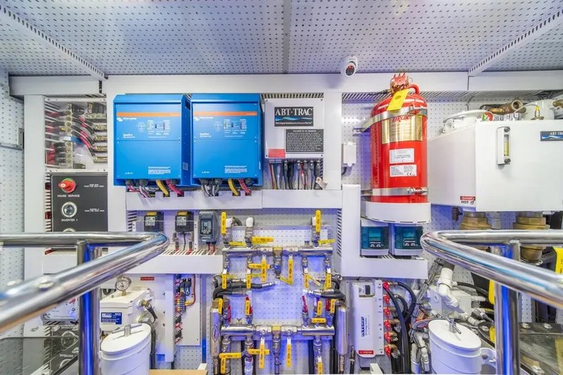 Smile Smile Smile Yacht Photos Pics Engine room of 2022 Outer Reef 720 Motor Yacht with advanced equipment and safety systems.