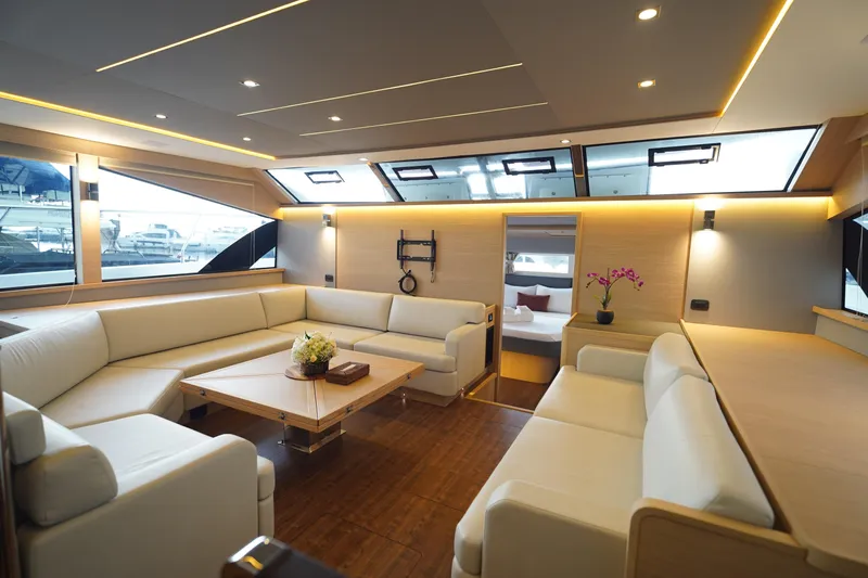  Yacht Photos Pics Luxurious interior of 2025 Aquila 54 Yacht with elegant seating and modern design.