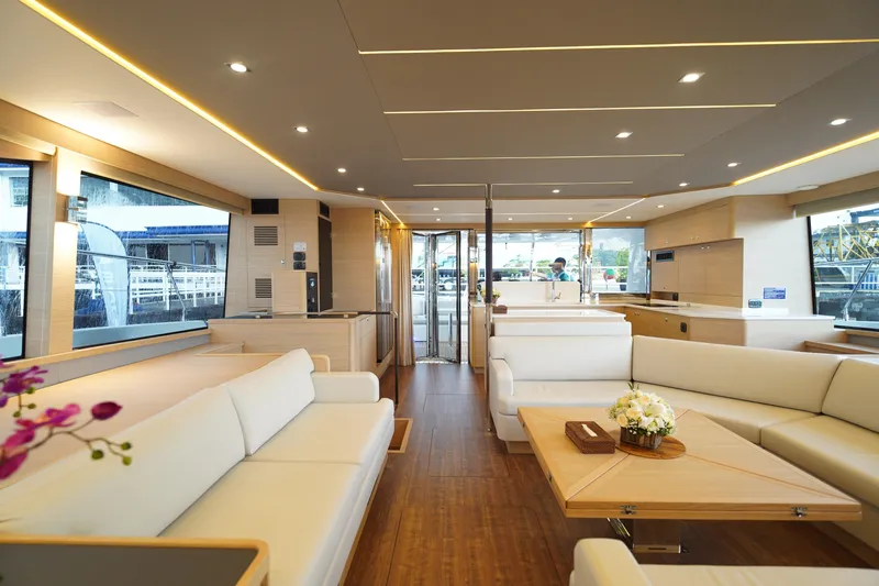  Yacht Photos Pics Luxurious interior of 2025 Aquila 54 Yacht with modern furnishings and elegant design.