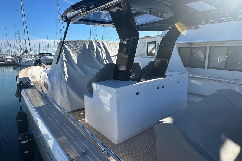  Yacht Photos Pics 2021 Pardo Yachts 43 docked, showcasing sleek design and modern features.