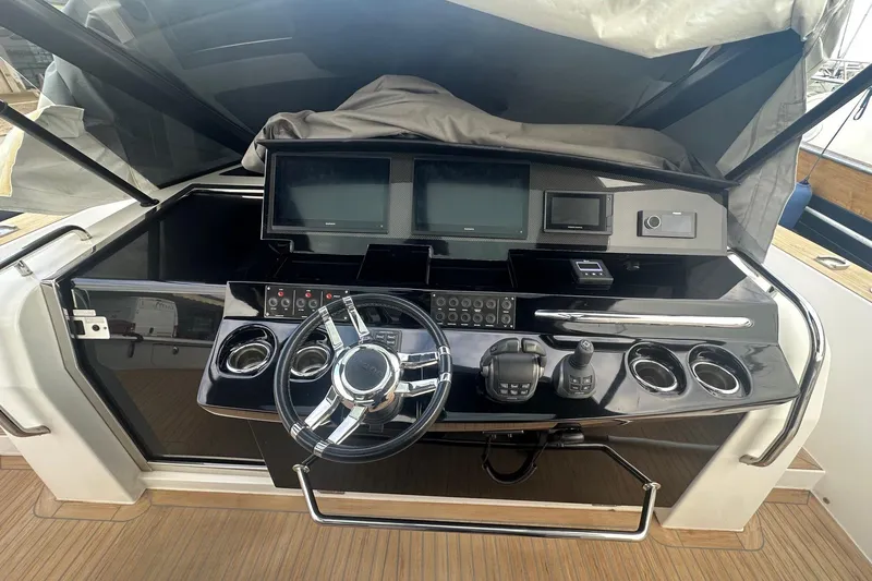  Yacht Photos Pics Helm of 2021 Pardo Yachts 43 with modern controls and dual screens.