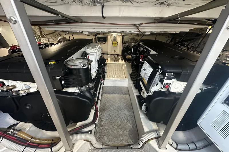  Yacht Photos Pics Engine room of 2021 Pardo Yachts 43, showcasing dual engines and mechanical components.