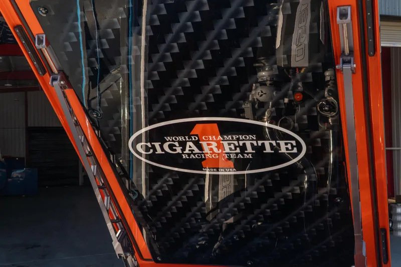  Yacht Photos Pics 2022 Cigarette 515 boat with World Champion Racing Team logo, carbon fiber detail.