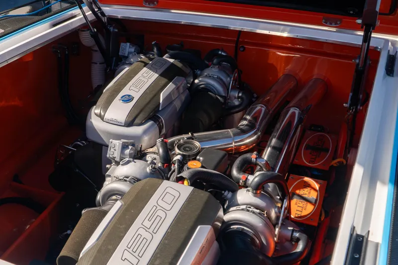  Yacht Photos Pics 2022 Cigarette 515 engine compartment with dual 1350 horsepower engines, showcasing performance and power.