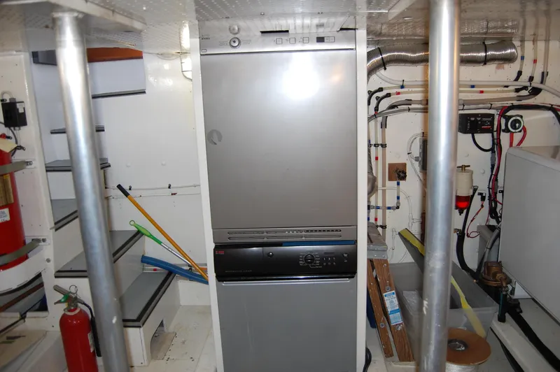 Shackleton Yacht Photos Pics Engine room of 1982 Miller Marine North Sea Trawler Ed Monk, featuring equipment and storage.