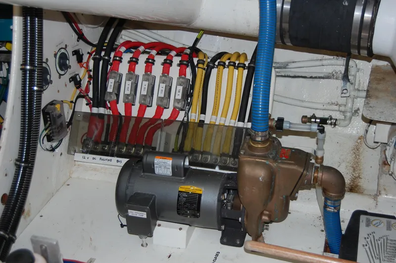 Shackleton Yacht Photos Pics Engine room of 1982 Miller Marine North Sea Trawler, featuring electrical wiring and machinery.