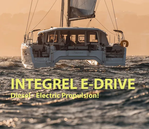  Yacht Photos Pics 2025 Nautitech 44 Open catamaran with Integrel E-Drive diesel-electric propulsion sailing at sunset.