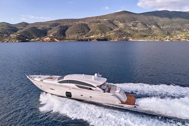 For Ever Yacht Photos Pics Luxury 2008 Pershing 80 yacht cruising on serene waters near scenic coastline.