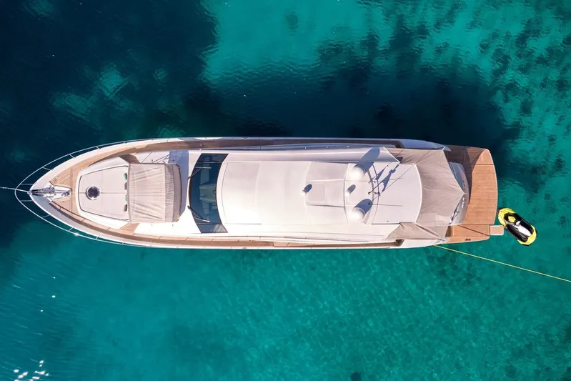 For Ever Yacht Photos Pics Aerial view of 2008 Pershing 80 yacht on clear turquoise water.