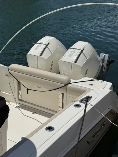  Yacht Photos Pics 2020 Boston Whaler 280 Outrage with dual Mercury outboard engines on water.