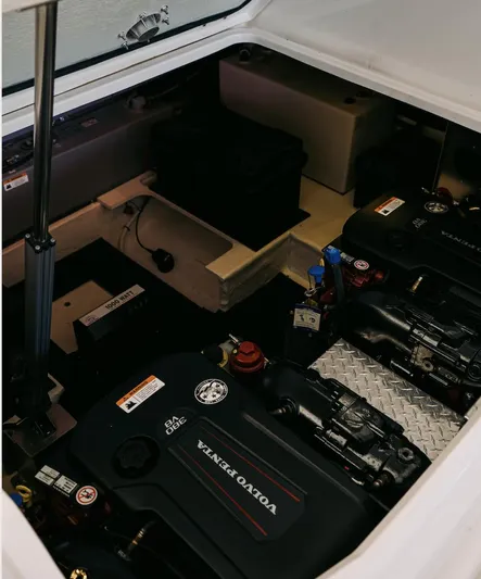  Yacht Photos Pics Engine compartment of 2021 Regal 38 Grande Coupe with Volvo Penta engines.