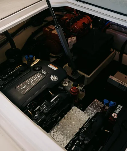  Yacht Photos Pics Engine compartment of 2021 Regal 38 Grande Coupe with Volvo Penta engine.