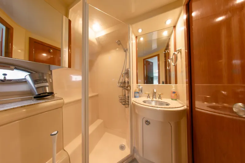  Yacht Photos Pics Luxurious bathroom in 2007 Meridian 459 Motoryacht with shower and vanity.