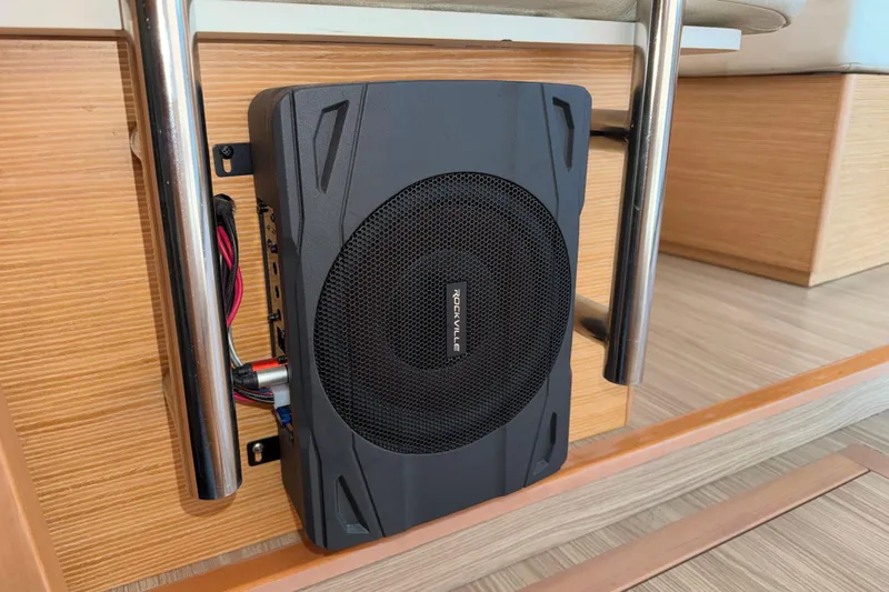 Muse Yacht Photos Pics Rockville subwoofer installed on 2019 Nautitech 40 Open yacht interior.