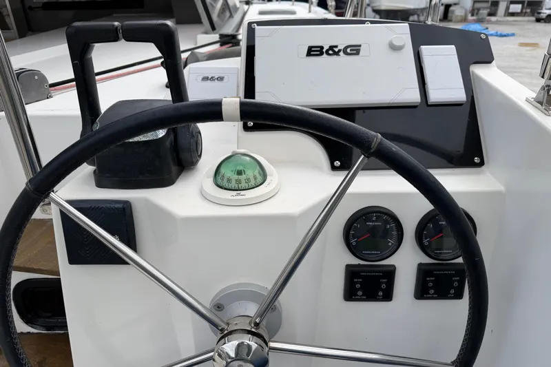 Muse Yacht Photos Pics Steering wheel and navigation instruments on 2019 Nautitech 40 Open catamaran.