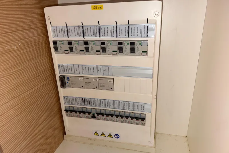 Muse Yacht Photos Pics Electrical panel on a 2019 Nautitech 40 Open catamaran, labeled 125 Vac.