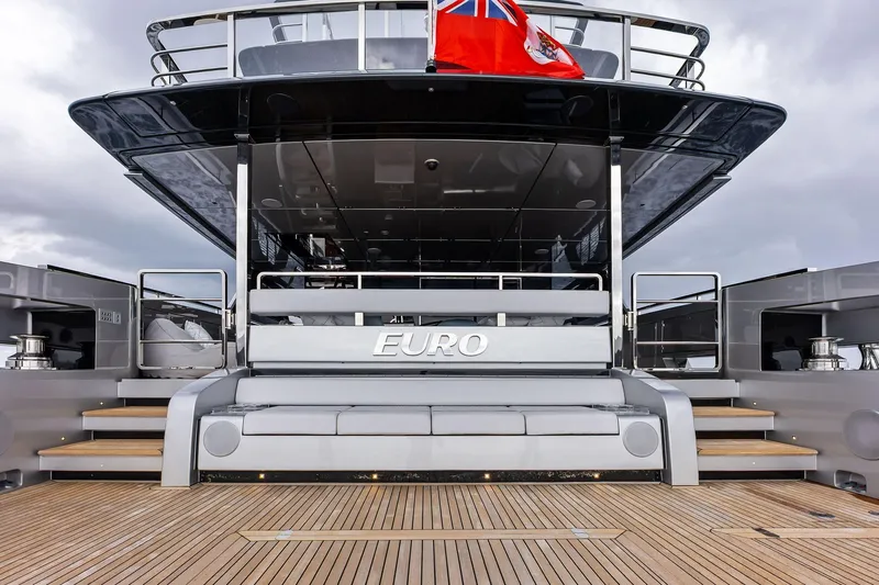 Euro Yacht Photos Pics 2024 Riva 130' Bellissima yacht stern view with wooden deck and flag.