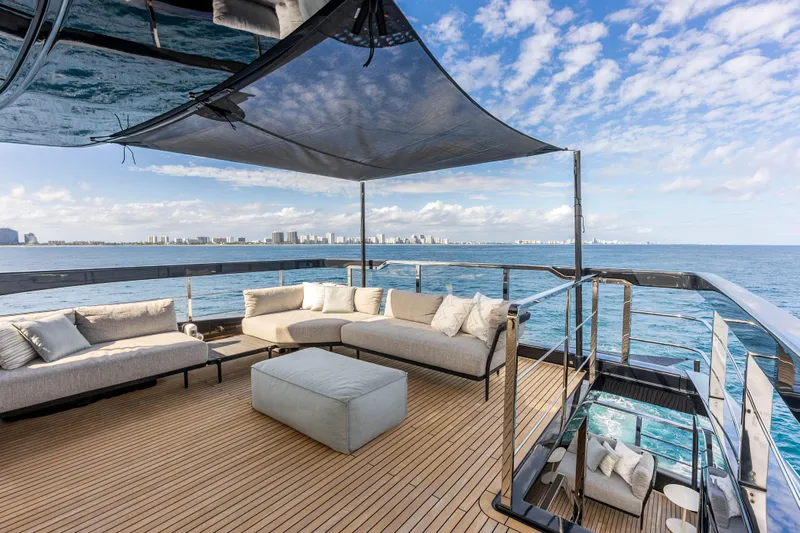 Euro Yacht Photos Pics Luxurious deck of 2024 Riva 130' Bellissima yacht with ocean view and modern seating.