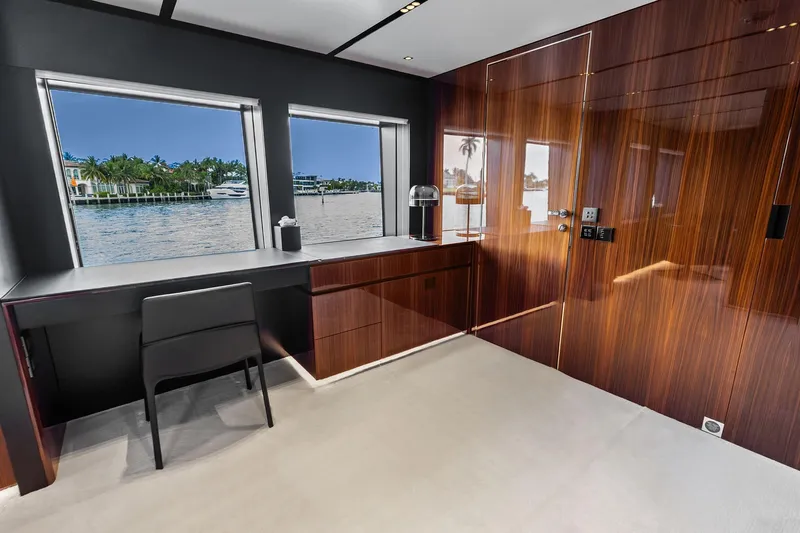 Euro Yacht Photos Pics Luxurious interior of 2024 Riva 130' Bellissima yacht with waterfront view.