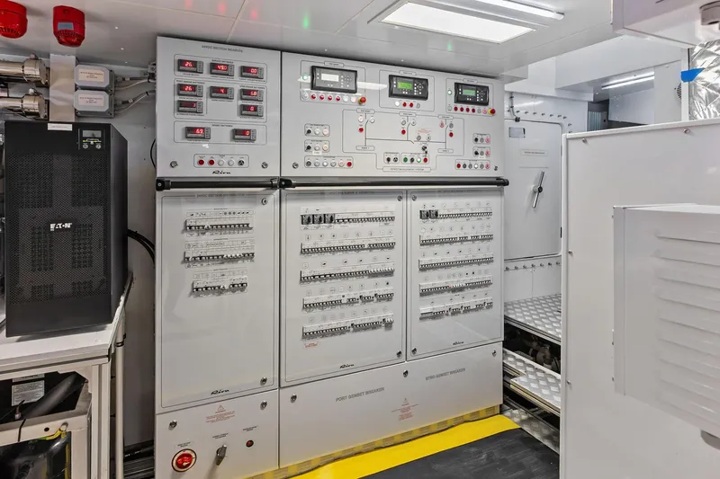 Euro Yacht Photos Pics Electrical control room of 2024 Riva 130' Bellissima yacht, featuring advanced panels and systems.