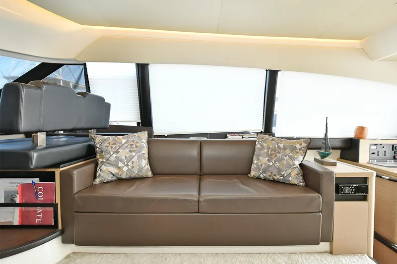  Yacht Photos Pics Luxurious interior of 2018 Prestige 560 Fly yacht with elegant brown leather sofa.