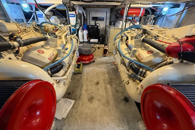 Luv'n Life Yacht Photos Pics Engine room of a 1989 Atlantic 47 Motor Yacht with Detroit diesel engines.