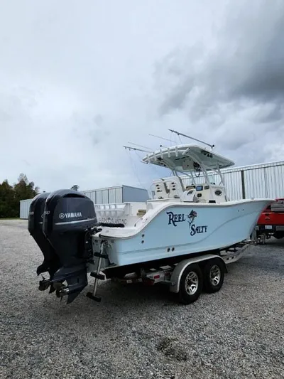 Reel Salty Yacht Photos Pics 2015 Sea Fox 286 Commander boat with Yamaha engines on a trailer.