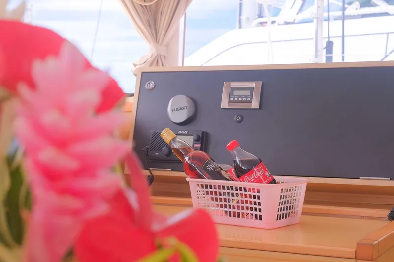 Larimar Yacht Photos Pics Interior of 2015 Lagoon 400 S2 yacht with drinks basket and flowers.
