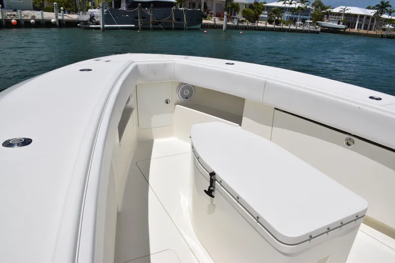  Yacht Photos Pics 2015 SeaVee 370z boat interior with white seating and storage.