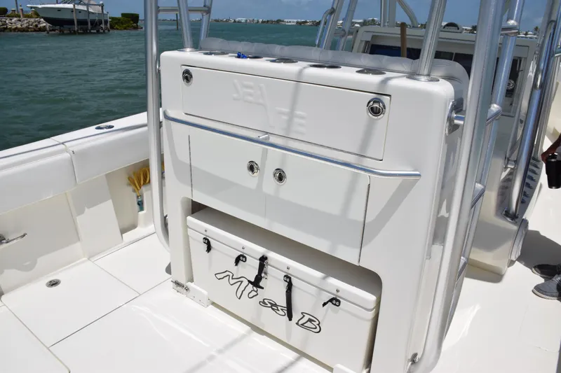  Yacht Photos Pics SeaVee 370z 2015 boat interior with storage compartments and cooler on deck.