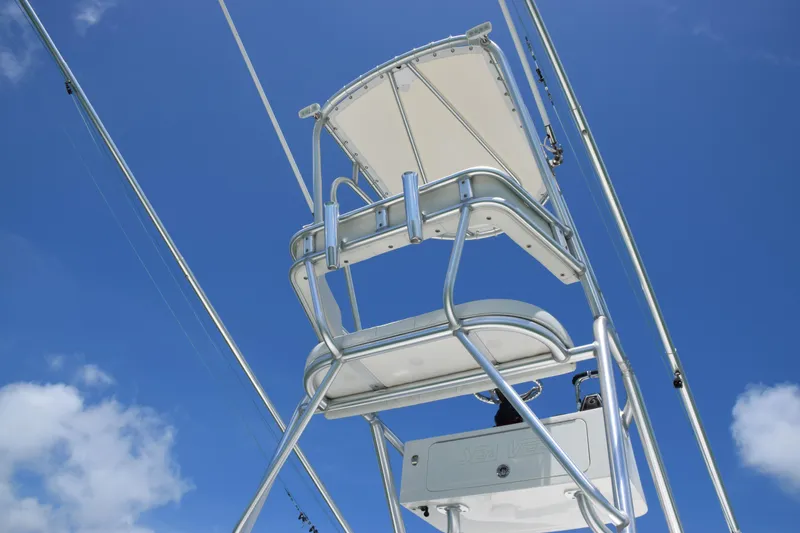  Yacht Photos Pics Tower seating on a 2015 SeaVee 370z boat against a clear blue sky.