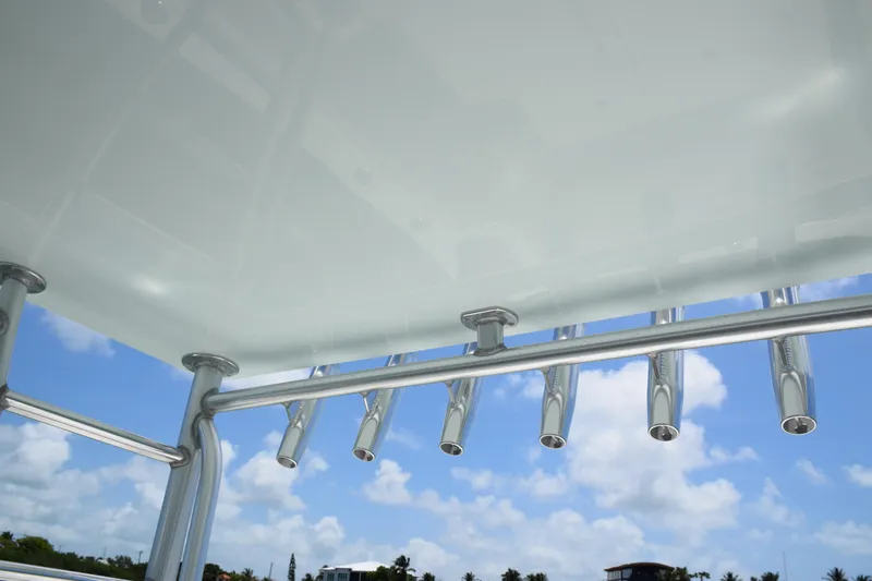  Yacht Photos Pics Rod holders on a 2015 SeaVee 370z boat against a blue sky background.