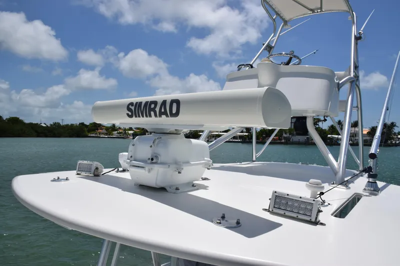  Yacht Photos Pics 2015 SeaVee 370z boat with Simrad radar on the deck.