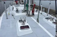 Deck view of 1992 Devonport Challenge 67 yacht with hatches and rigging.