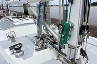 Deck view of 1992 Devonport Challenge 67 sailboat with rigging and winches.