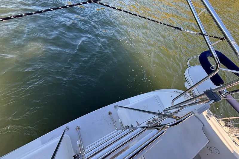 Sandman Yacht Photos Pics Catalina 400 MkII sailboat deck and railing, 2004 model, overlooking water.