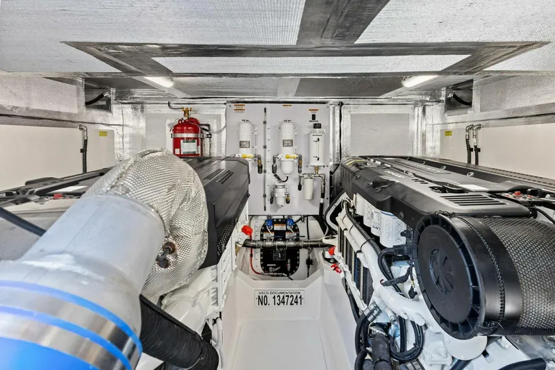 Barbara Sue III Yacht Photos Pics Engine room of 2025 Maritimo M55 yacht, showcasing advanced machinery and equipment.