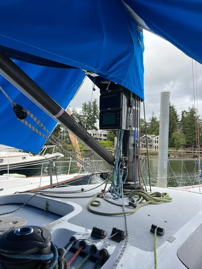Manifest Yacht Photos Pics Sailboat deck with blue sail, Offshore Racing Van Munster Boats Fred Barrett 35, 2016 model.