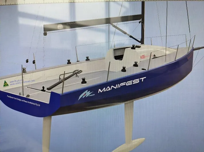 Manifest Yacht Photos Pics 2016 Offshore Racing Van Munster Boats Fred Barrett 35 sailboat, blue hull, "Manifest" branding.