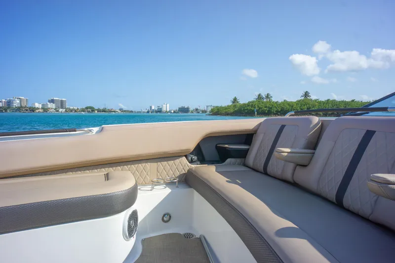  Yacht Photos Pics Luxurious seating on 2018 Sea Ray SLX 400 boat with scenic ocean view.