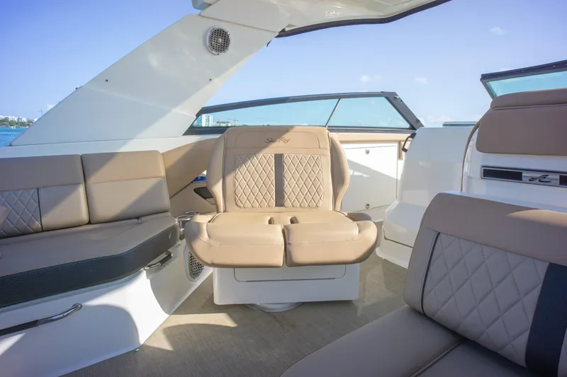  Yacht Photos Pics Luxurious interior of 2018 Sea Ray SLX 400 boat with plush seating.