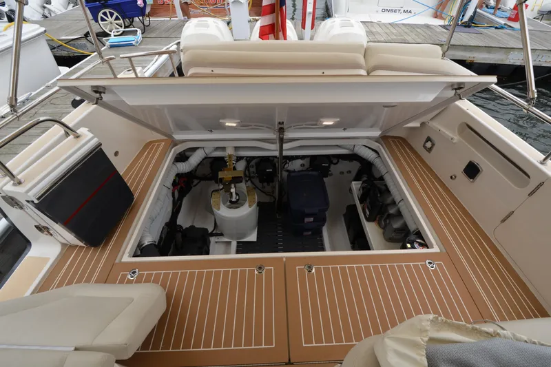Whim Yacht Photos Pics 2020 MJM 43z yacht engine compartment with open hatch, docked at marina.
