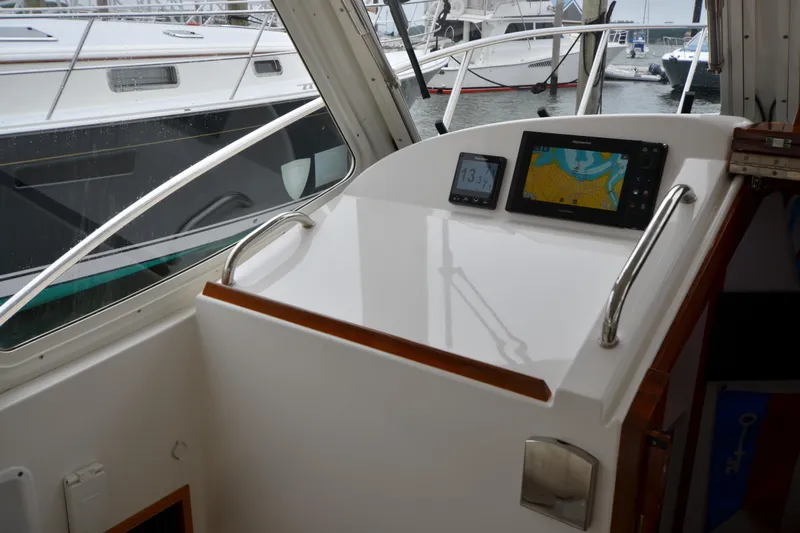 Whim Yacht Photos Pics Helm station of 2020 MJM 43z yacht with navigation displays and controls.